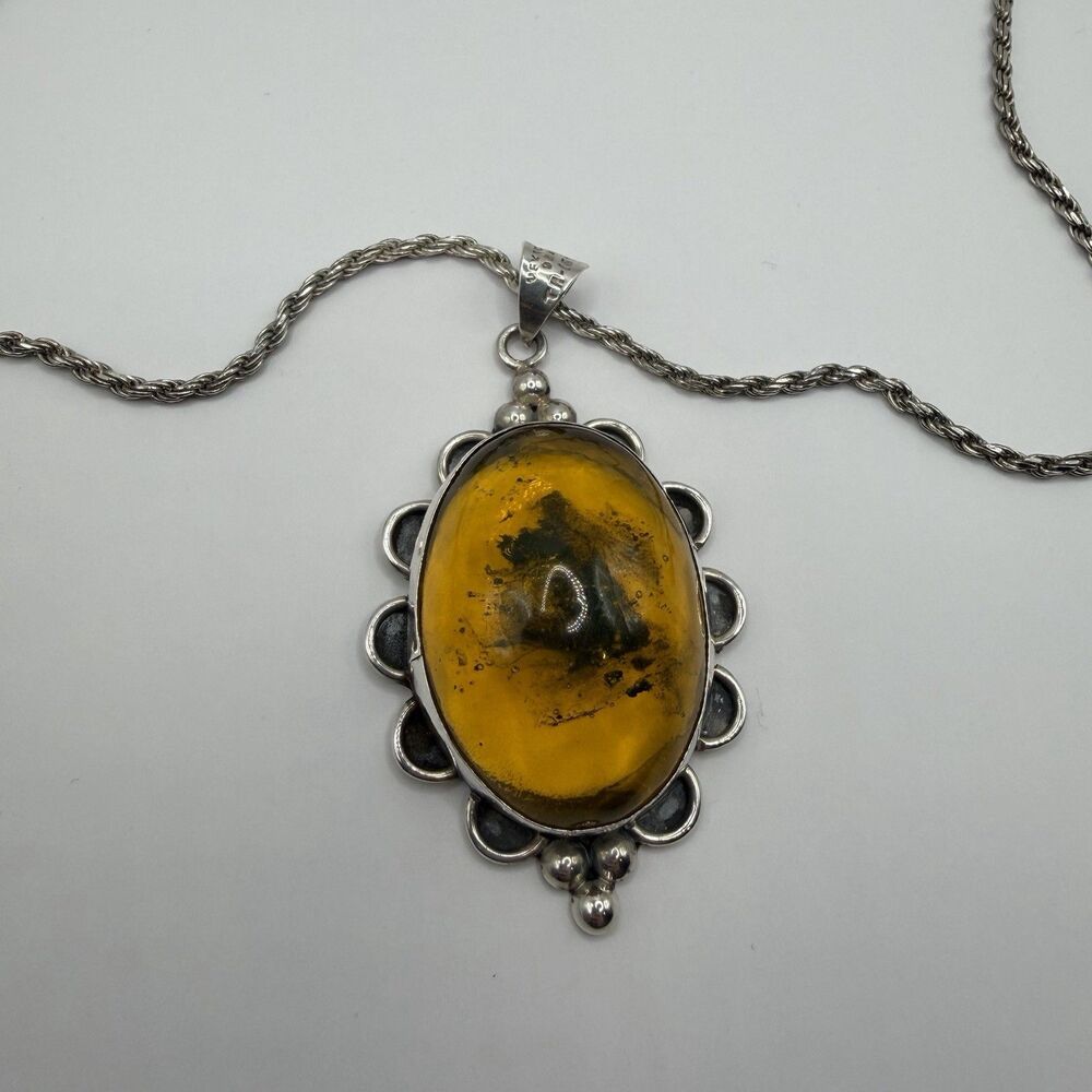 Vintage Sterling Silver Amber Pendant Necklace 18 Inch Rope Chain Huge